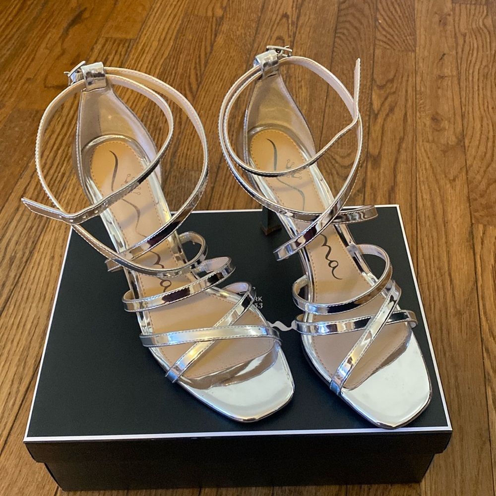 Silver Mina heels. 4 inches. Only worn once! Excellent condition